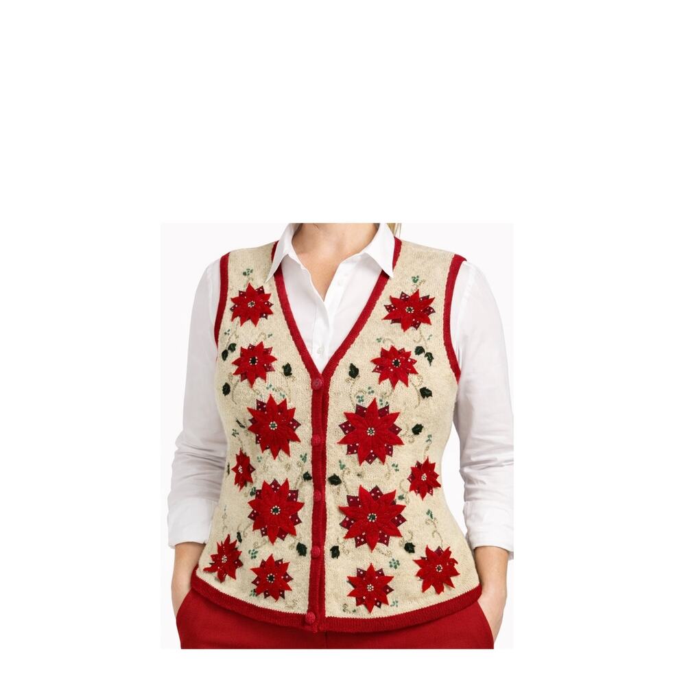 Bobbie Brooks Christmas Sweater Vest Womens XL Poinsettia Ramie Cotton Y2K 90s